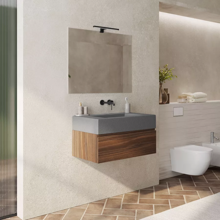 Mobile bagno sospeso 80 cm rovere deciso con top lavabo grigio