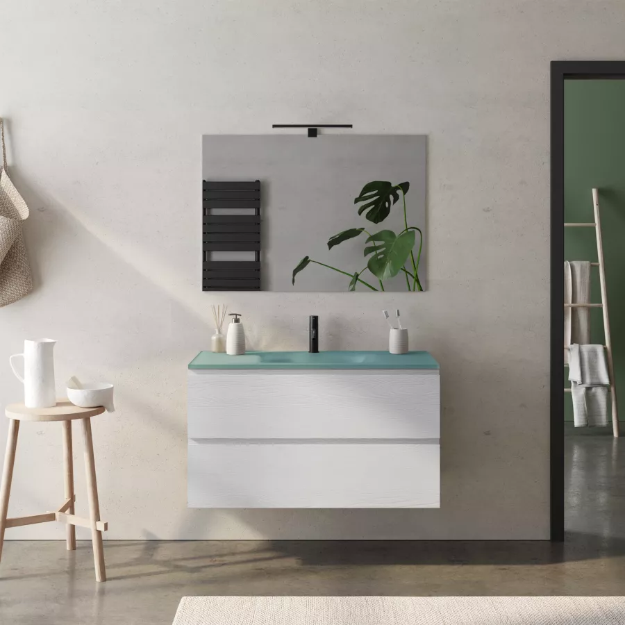 Mobile bagno sospeso 100 cm verde effetto legno con armadietto a