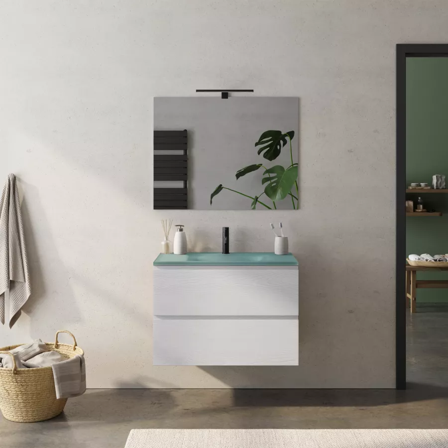 Mobile bagno con lavabo e specchio verde nero e legno chiaro