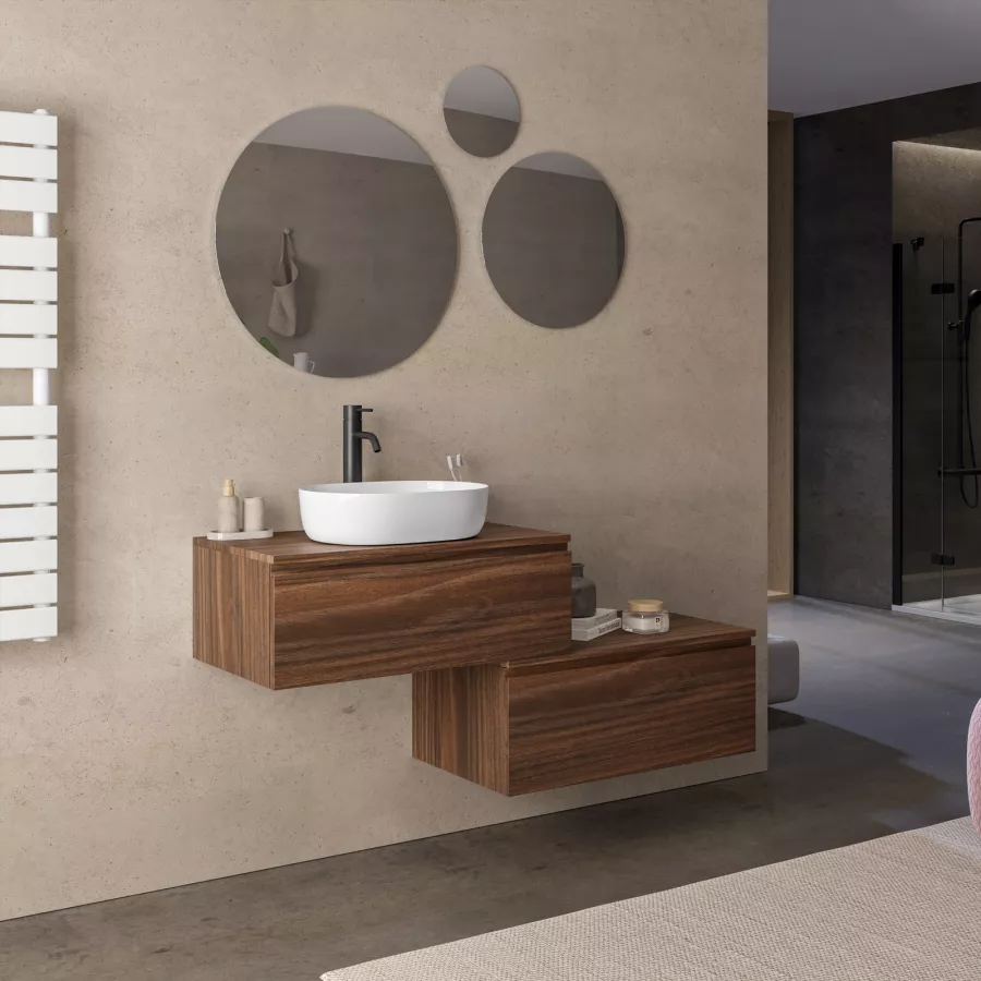 Mobile bagno sospeso portalavabo 100 cm con cassettone rovere biscuit e  specchio - Verano