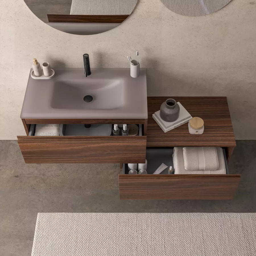 Mobile bagno sospeso 80 cm con cassettone rovere deciso e lavabo in vetro  marrone - Verano