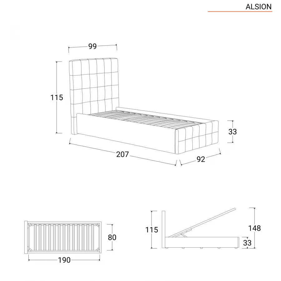 giordano shop Letto Singolo 80x190 cm Senza Rete Demas Testata Inclinata  Cemento : : Casa e cucina