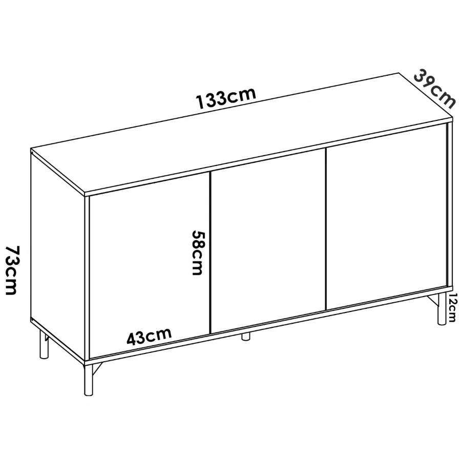 Madia 133x73 h in legno rovere nordico e grafite con tre ante - Luky