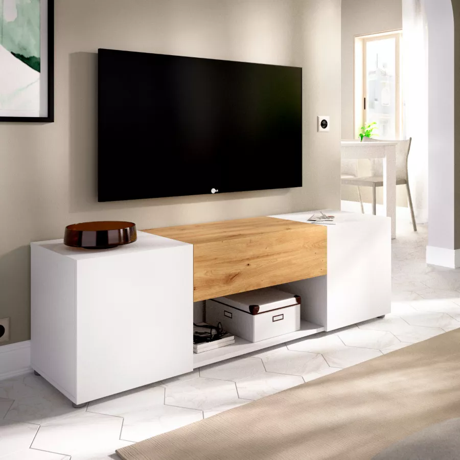 Mobile porta TV 130 cm in legno rovere nordico e bianco - Gromi