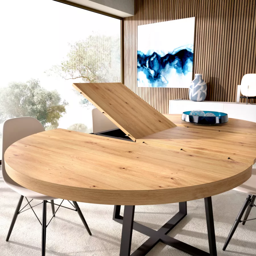 Tavolo da pranzo rotondo allungabile 110-158x110 cm con piano rovere  nordico e gambe nere - Daina