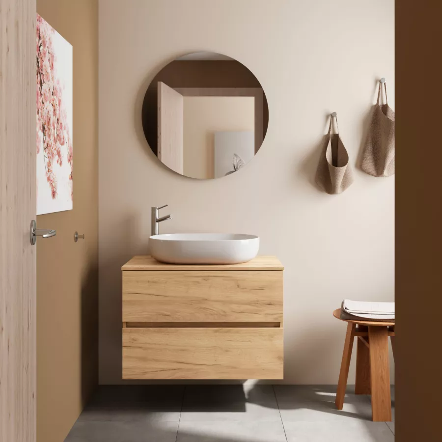 Mobile Bagno Rovere Naturale 80 cm Sospeso per Lavabo da Appoggio con  Cassetto