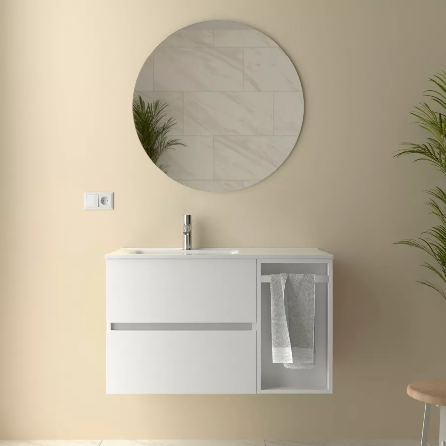 Mobile bagno sospeso 100 cm bianco opaco con lavabo integrato sx con  toletta e specchio - Fully