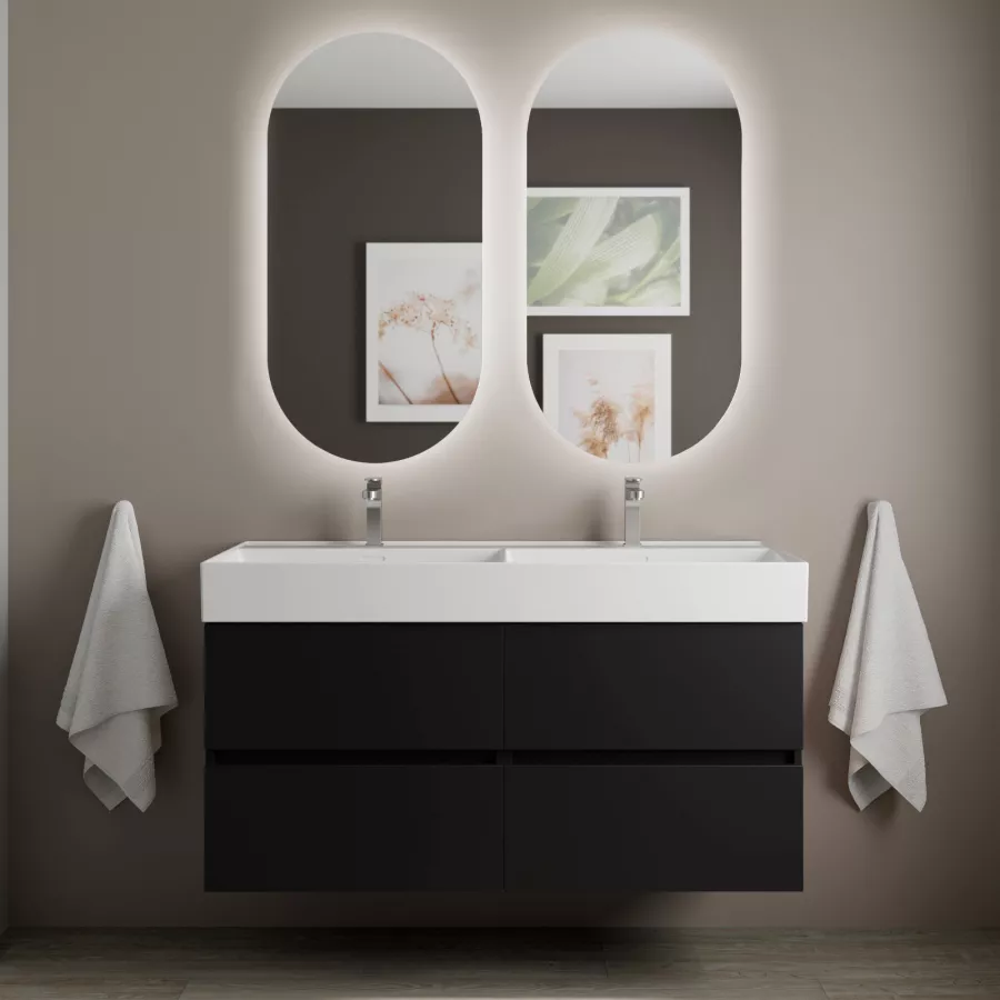 Mobile bagno sospeso 120 cm nero opaco con lavabo doppia vasca e specchi -  Fully