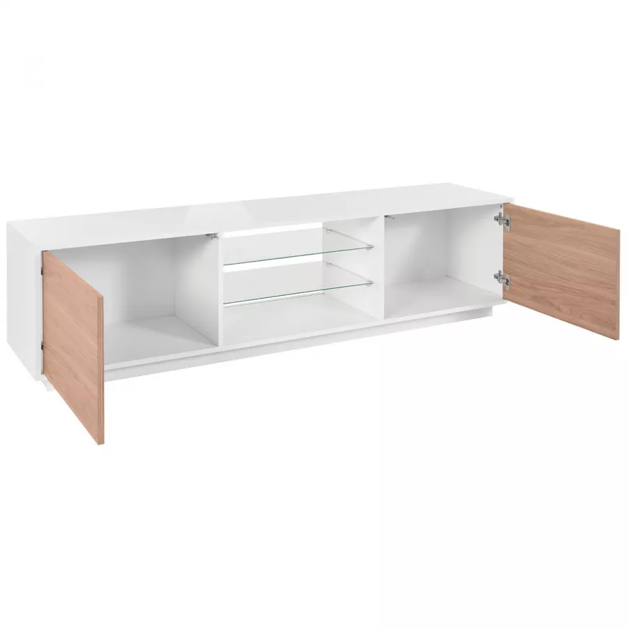 Mobile TV Moderno Bianco Lucido Con Effetto Legno E Ripiani In Vetro, 180 Cm - Per Soggiorno Elegante E Funzionale
