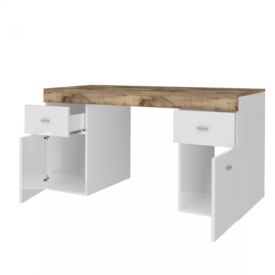 Scrivania 130x60 cm in legno bianco lucido e acero pereira con piano  scorrevole e due mobili