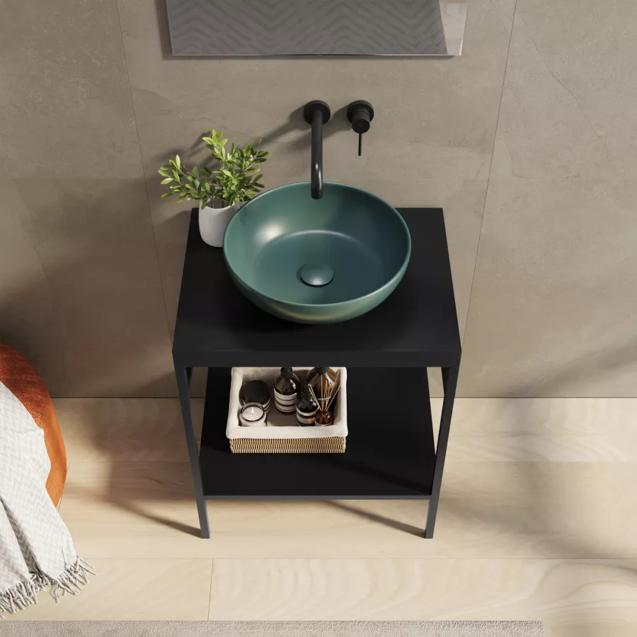 Mobile bagno a terra 120 cm nero e rovere con lavabo integrato e specchio -  Axis