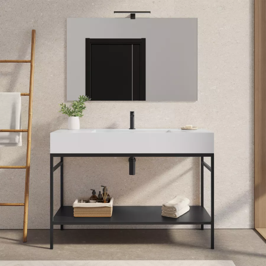 Mobile bagno a terra 120 cm nero opaco con top lavabo e specchio - Axis