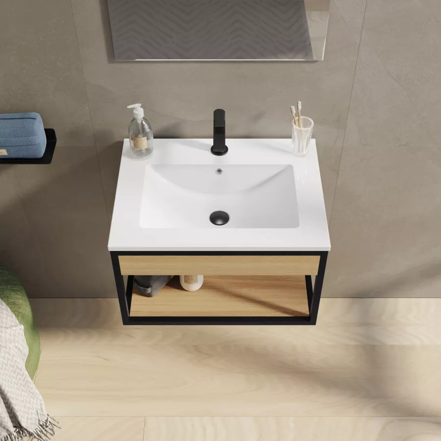 Mobile bagno sospeso 60 cm nero e rovere con lavabo integrato e specchio -  Axis