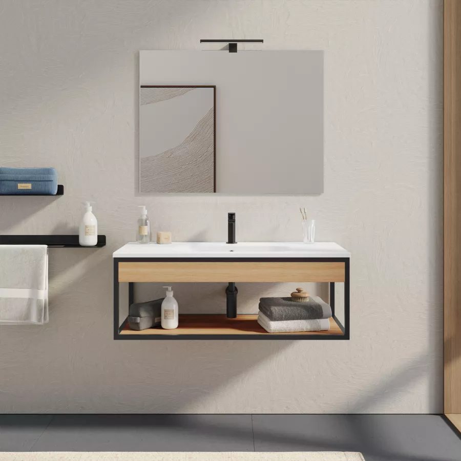 Mobile bagno a terra 80 cm portalavabo nero e rovere con specchio - Axis