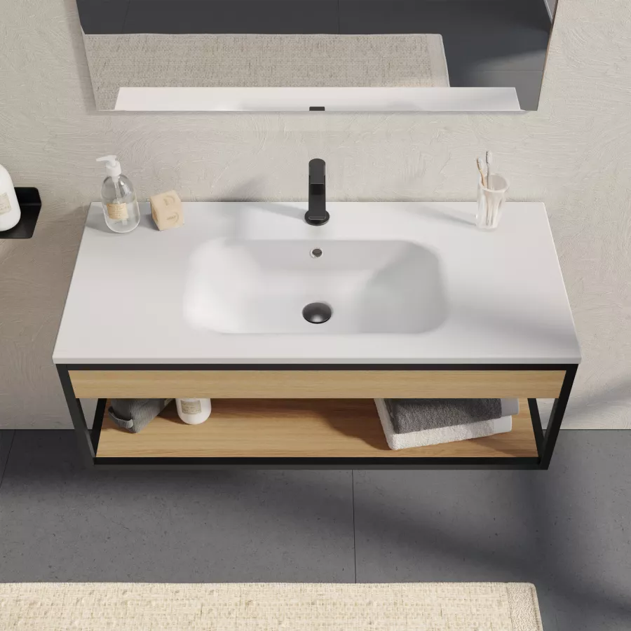 Mobile bagno a terra portalavabo 80 cm nero opaco con specchio - Axis