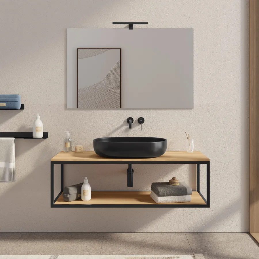 Mobile bagno sospeso 120 cm portalavabo nero e rovere con specchio