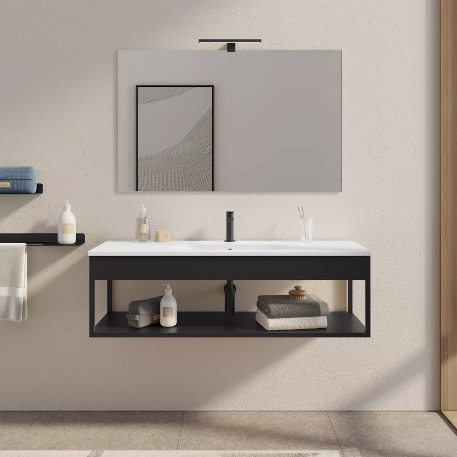 Mobile bagno a terra 120 cm nero e rovere con lavabo integrato e specchio -  Axis