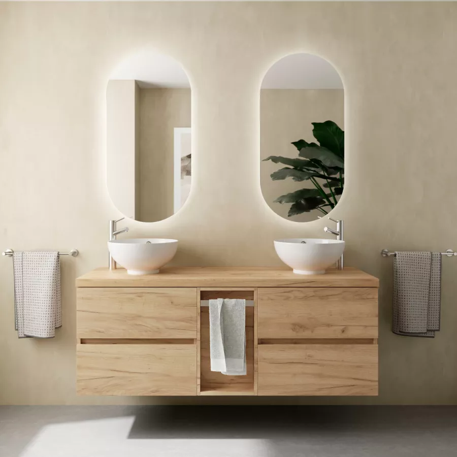 Mobile da bagno sospeso con lavabo d'appoggio serie Jove Top in rovere  africa