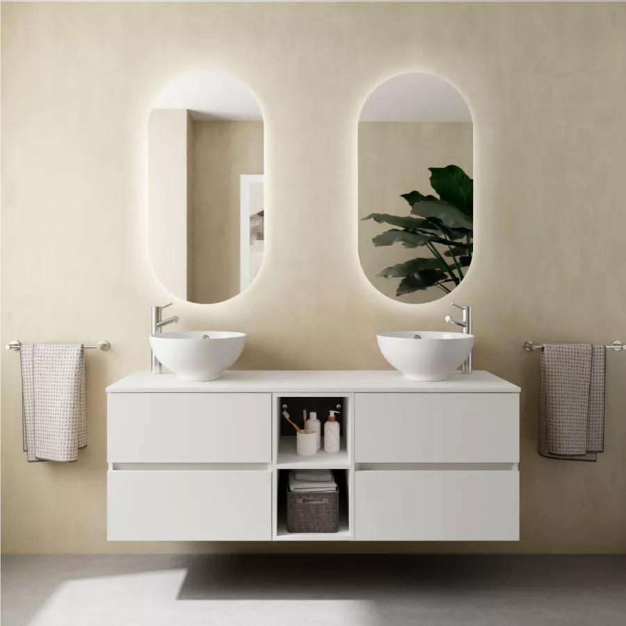 Mobile bagno sospeso 150 cm bianco opaco con vano e con specchi - Fully