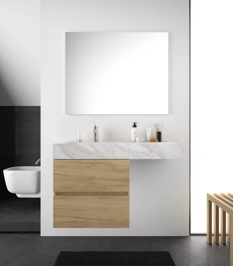 Mobile bagno sospeso 100 cm rovere africa con lavabo bianco marmo sx e  specchio - Jalama