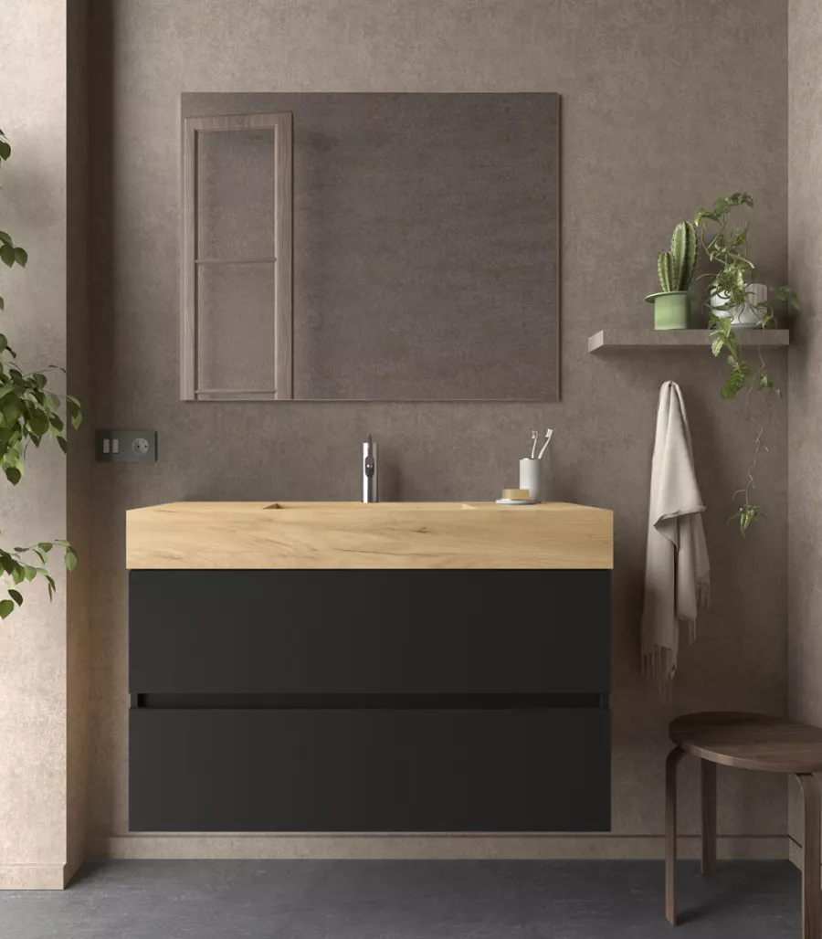 Mobile bagno sospeso 100 cm nero opaco con lavabo rovere africa e con  specchio - Jalama