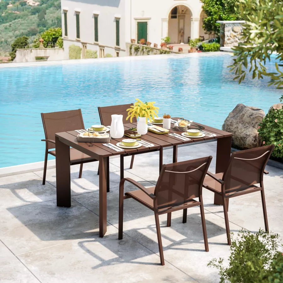 Set tavolo e sedie da giardino 4 posti alluminio marrone
