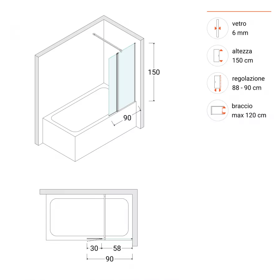 Sopravasca minimal 90 cm vetro temperato anticalcare reversibile 150 h