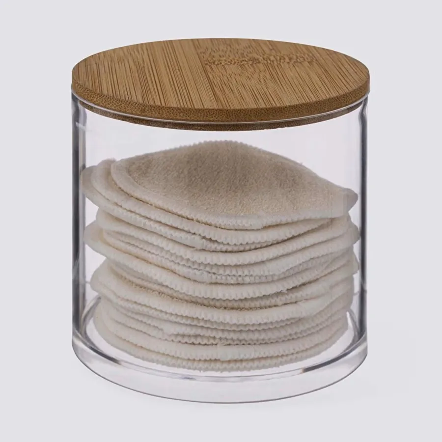 SUMTree Porta Q-tip E Batuffoli In Plastica Trasparente Con Coperchi In Bambù - 8x6,4x7,5 Cm