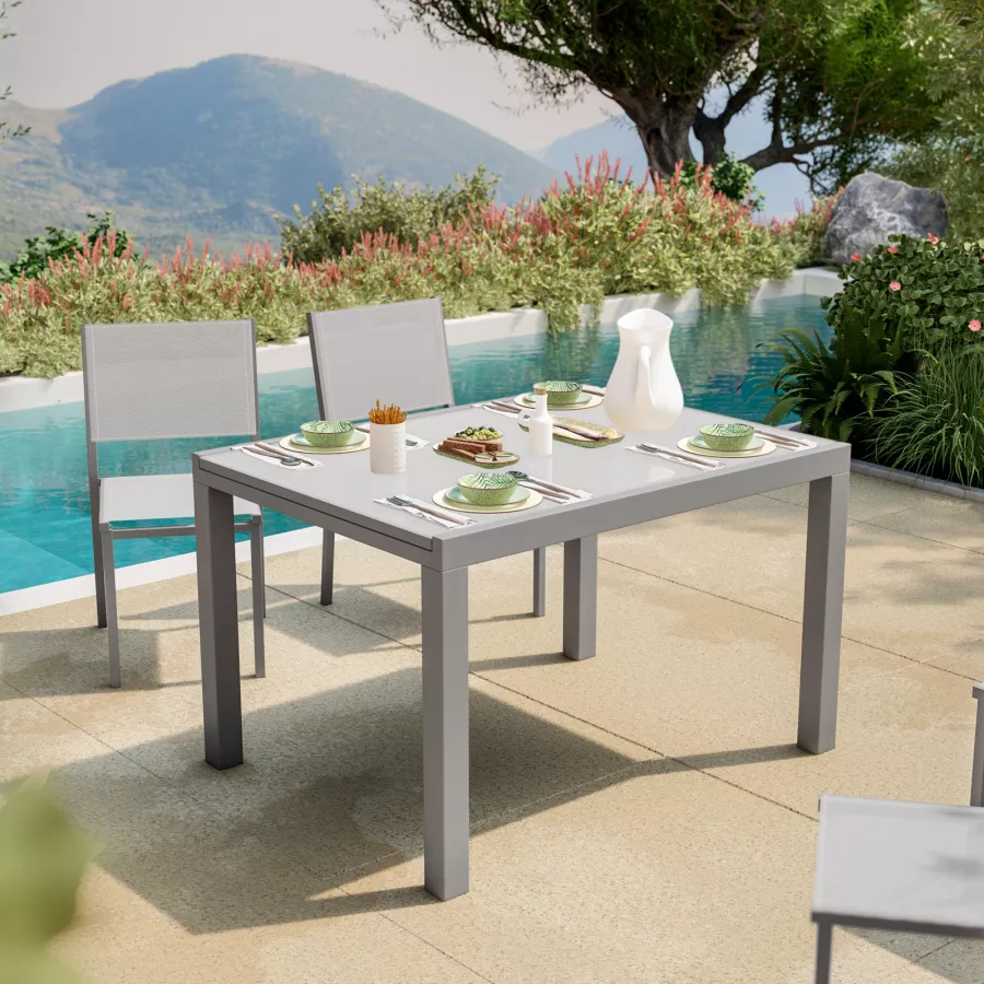 Set pranzo tavolo 120/180x90 cm e 4 sedie in alluminio e textilene grigio -  Carioca