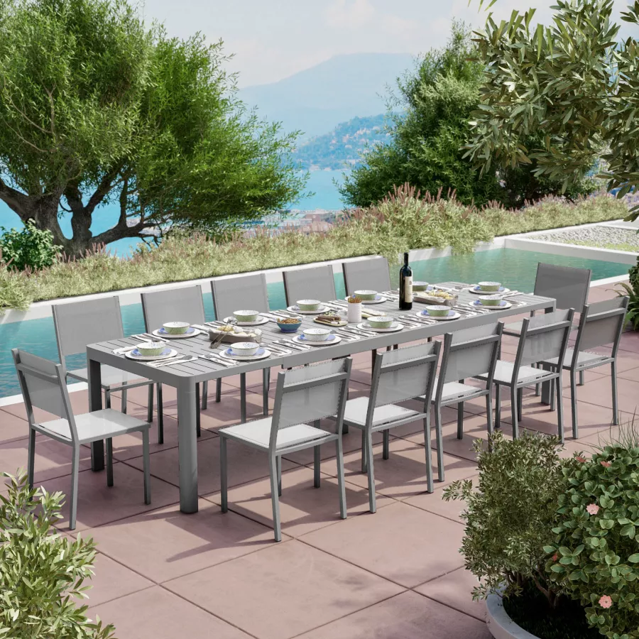 Set pranzo tavolo 200/260/320x100 cm e 6 sedie in alluminio e textilene  grigio - Carioca