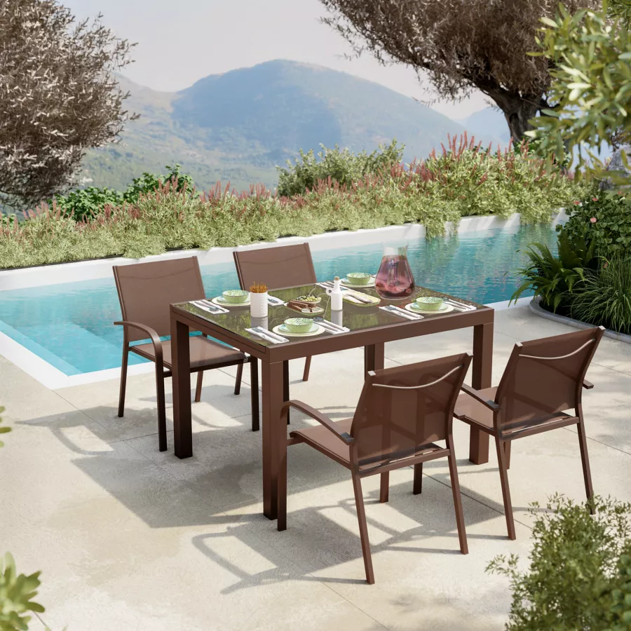 Set pranzo tavolo 120/180x90 cm e 4 sedie con braccioli tondi in alluminio  e textilene