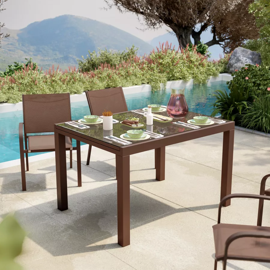 Set tavolo e sedie da giardino 6 posti alluminio marrone