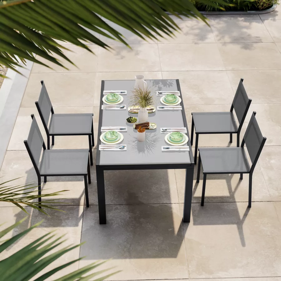 Set pranzo tavolo 160/220x90 cm e 4 sedie in alluminio e textilene  antracite - Carioca