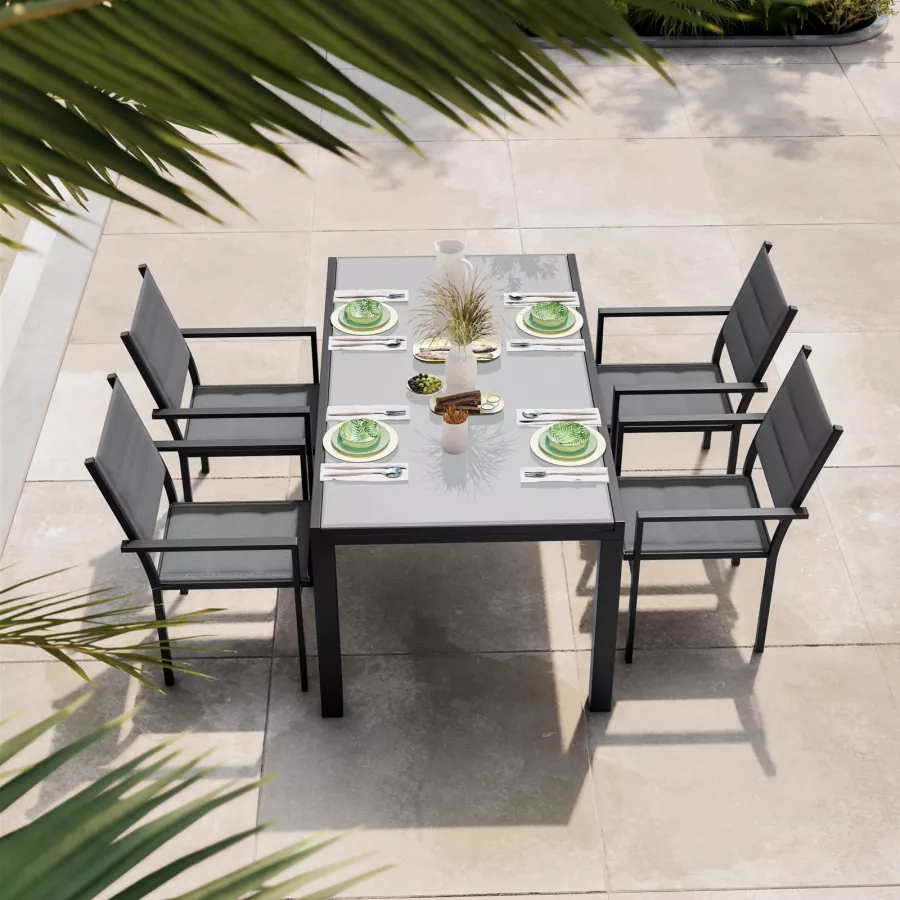 Set pranzo tavolo 105/210x75 cm e 4 sedie con braccioli in textilene  imbottito antracite - Carioca