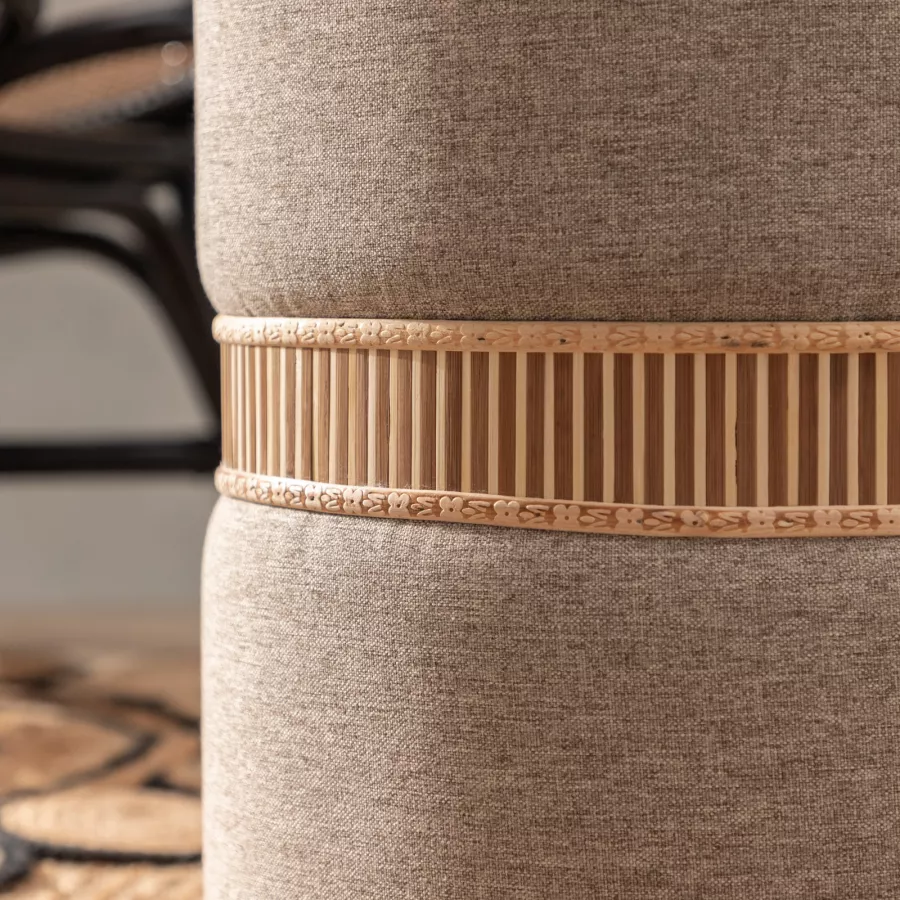 Pouf contenitore Ø 36 in tessuto beige e anello con intreccio di bamboo -  Hakuna