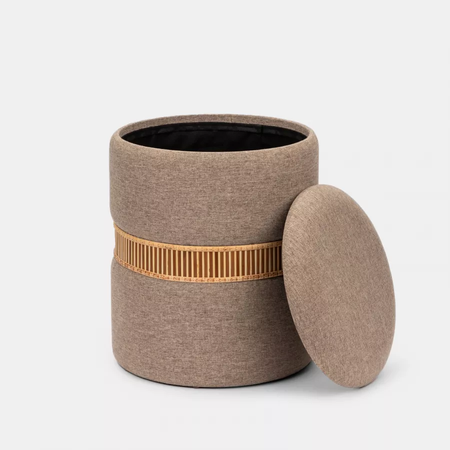 Pouf contenitore Ø 36 in tessuto beige e anello con intreccio di bamboo -  Hakuna