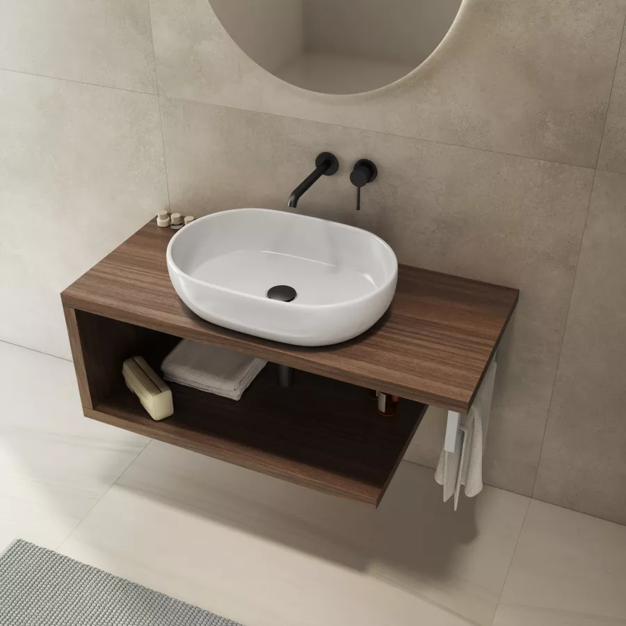 Mensolone bagno 120 cm con ripiano in legno rovere deciso e portasalviette  bianco opaco - Plain