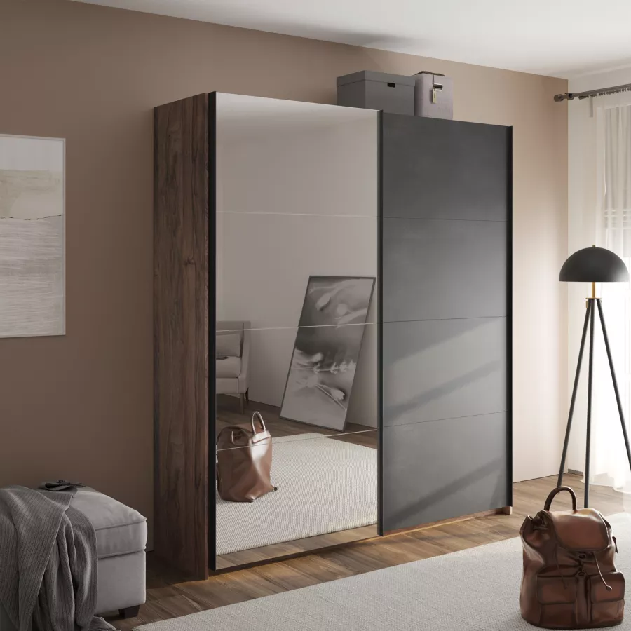 Armadio 200x223h cm in legno noce brera con ante scorrevoli grigio tadao e  specchio - Alen