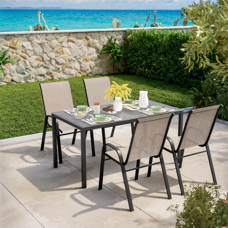 Set pranzo tavolo con top in vetro 150x80 cm e 4 sedie con