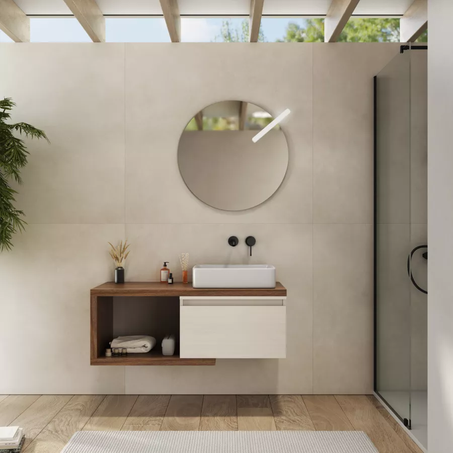 Mobile bagno sospeso con cassetti 100 cm rovere deciso opaco con lavabo in  ceramica e specchio 