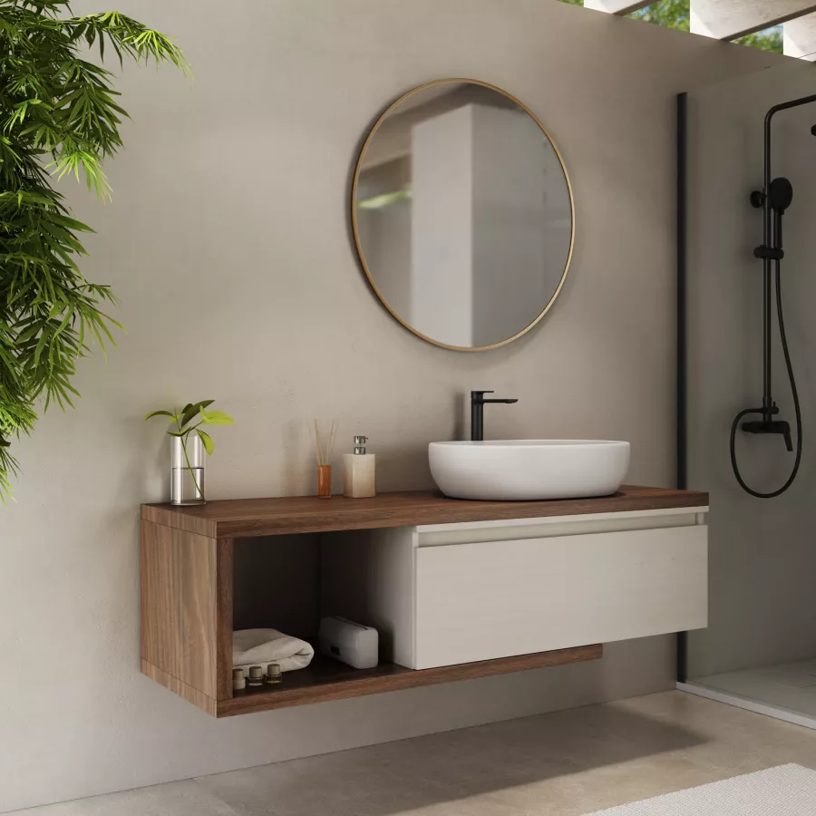 Mobile bagno sospeso da 150 cm color bianco con top in rovere