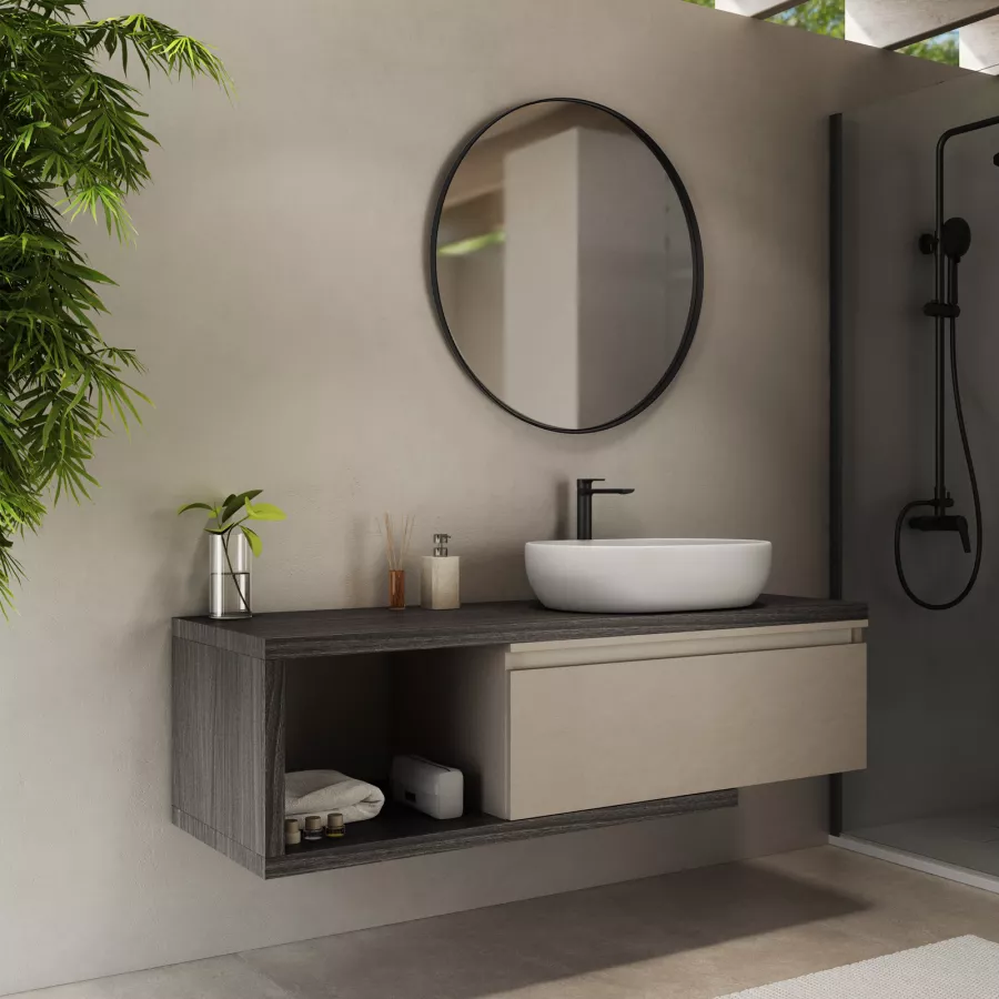 MOBILE sospeso bianco con frontale rovere e sifone salvaspazio per lavabo  Shape 102 cm.