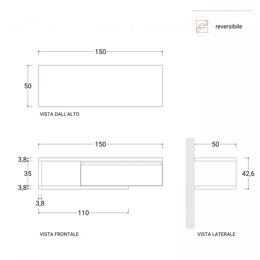 MOBILE sospeso bianco con frontale rovere e sifone salvaspazio per lavabo  Shape 102 cm.