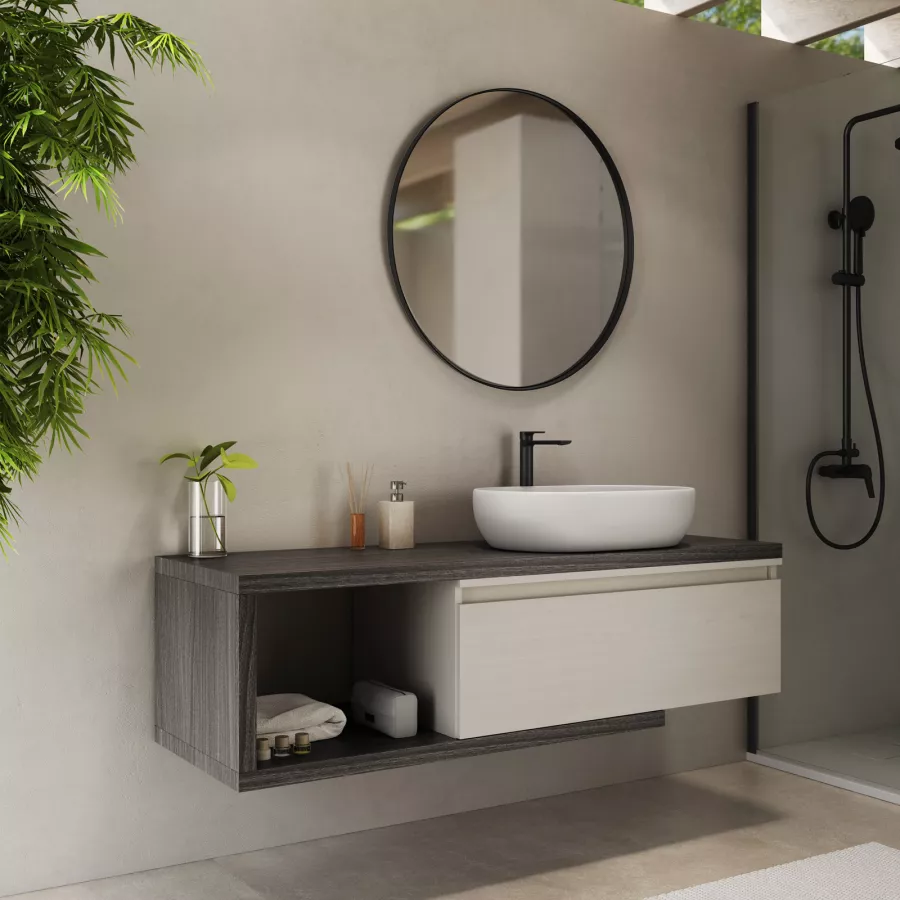 Mobile bagno sospeso in legno di rovere invecchiato con cassettoni