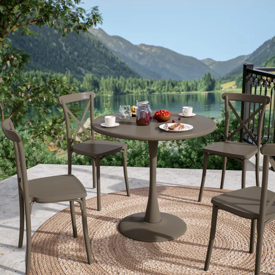 Tavolo da pranzo rotondo con piano in pietra sinterizzata e base in legno per 6 persone, stile Mid-Century Morn｜Homary