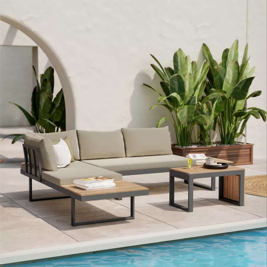 Set relax divano angolare e tavolino da caffè in alluminio antracite con  cuscini beige - Scilla