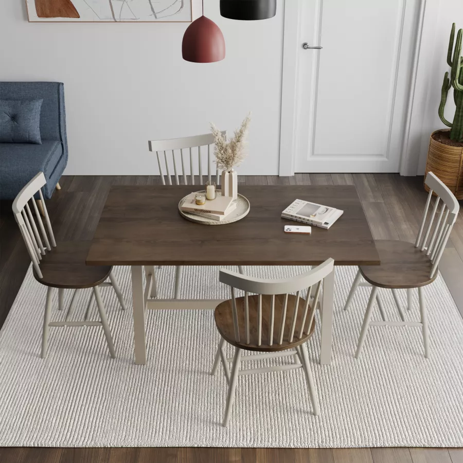 Set pranzo 4 posti con tavolo 150x90x75 h cm e sedie in legno rovere e  bianco 