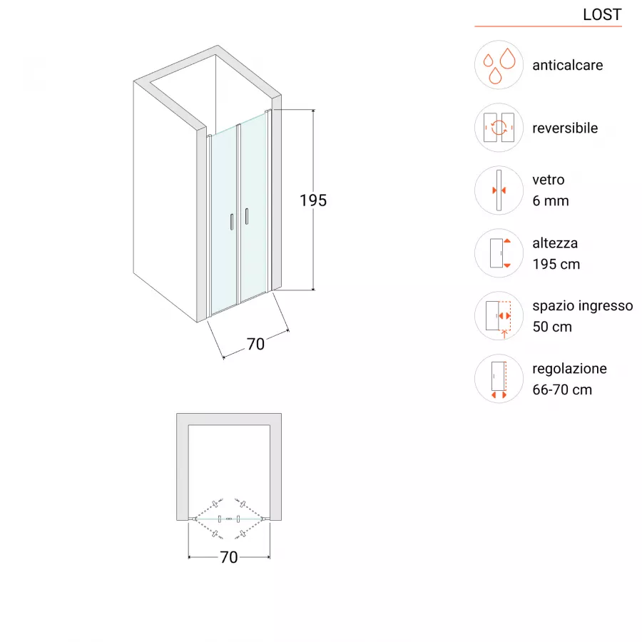 Box doccia nicchia 70 cm saloon con vetro anticalcare trasparente e profilo  nero 195h - Lost