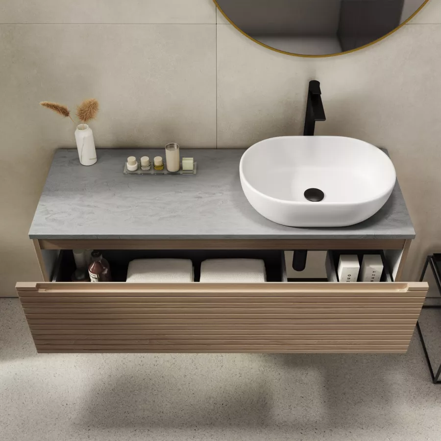 Mobile bagno sospeso 120 cm bianco opaco cannettato con lavabo dx e  specchio - Deck