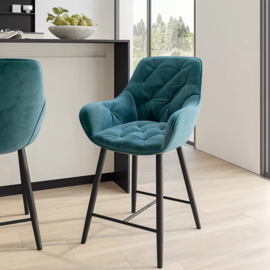 BTEXPERT Set Di 4 Sgabelli Da Bar In Velluto Verde Con Schienale Alto 63,5 Cm - Design Moderno Con Gambe Dorate, Imbottiti - 2
